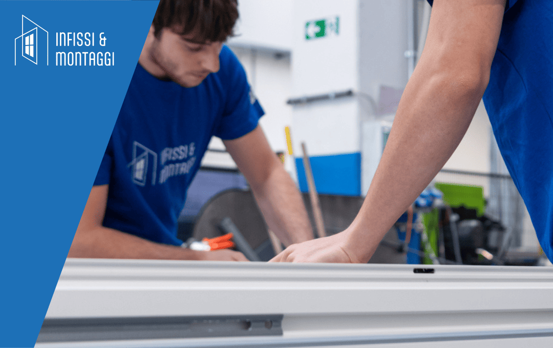 operai al lavoro nella sede di infissi e montaggi mentre montano un infisso